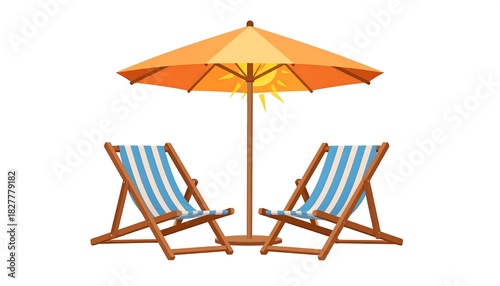 Beach scene with umbrella and chairs, sunny and relaxing, vector, cartoon-like