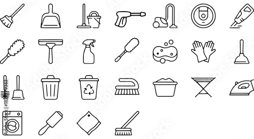 Essential household cleaning tools, equipment, and supply line icon set Vector.
