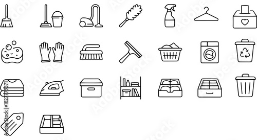 Household cleaning, laundry essentials, and organization line icon collection Vector.