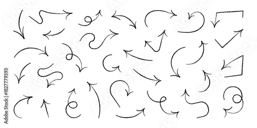 Hand-drawn charcoal arrow collection featuring curved, looping, and dynamic directions. Elements for highlights, notes, creative layouts, and graphic design accents.