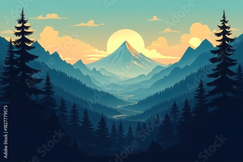 Majestic Mountain Landscape with Winding Road and Vibrant Sky