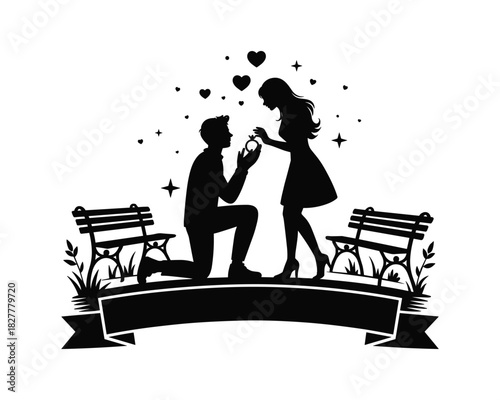 Romantic marriage proposal silhouette with hearts and benches in the park