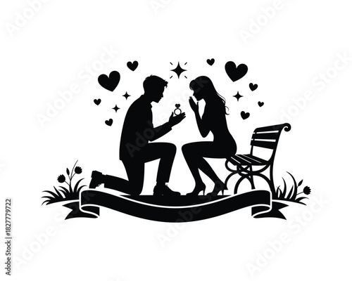 Romantic proposal silhouette with hearts and stars for wedding or valentines day