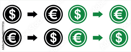 Dollar to Euro and Euro to Dollar Currency Exchange Conversion Concept, Black and Green, Showing Financial Transfer, Global Finance, and Economic Trends.