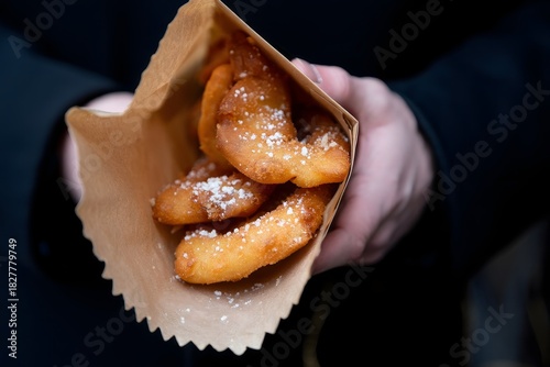Hand Holding Paper Bag of Sugar-Coated Churros