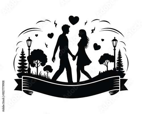 Silhouette of couple walking together in park with hearts and ribbon