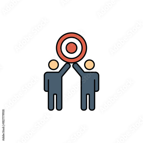 Color line icon showing two people holding a shared target symbol, representing teamwork, goal achievement, collaboration, success, unity, productivity, leadership, and business objectives.