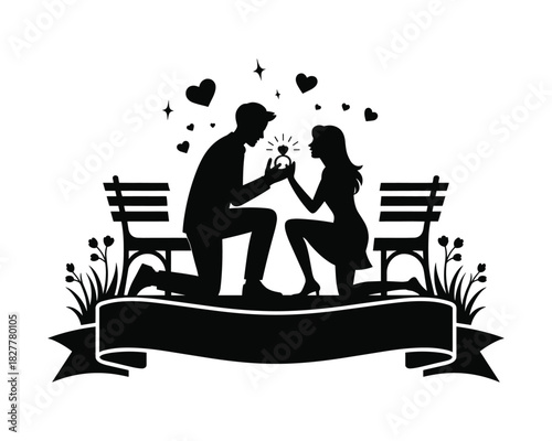 Romantic proposal silhouette on bench with hearts and stars decoration