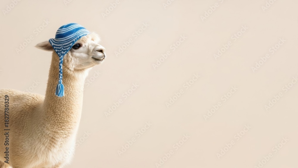 Naklejka premium Alpaca wearing a blue and white knitted hat with tassels. Cute animal portrait for Hanukkah celebration and holiday card design. Adorable alpaca profile.