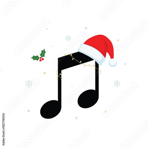 Cheerful musical note wearing Santa hat with festive holly and snowflakes, perfect for holiday season promotions and Christmas event announcements