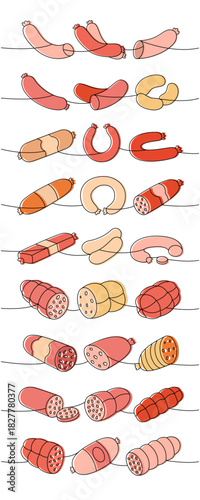 Set of sausages products. Butchery menu one line colored continuous drawing. Vector illustration