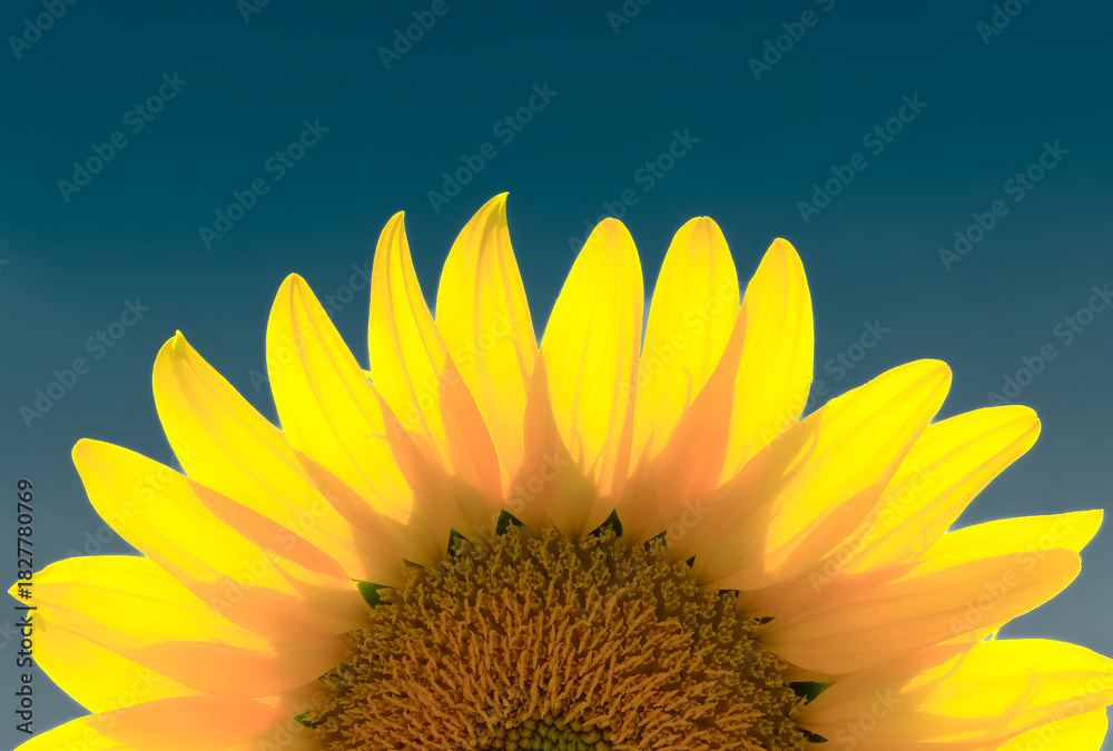 Naklejka premium a bright and uplifting close-up photograph of a sunflower, capturing the vibrant yellow petals glowing in sunlight against a deep blue sky. The image emphasizes the beauty and warmth of summer, 