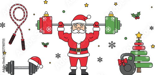 Santa Claus lifting Christmas ornaments as weights for holiday fitness promotions and festive gym advertising, with jump rope and kettlebell