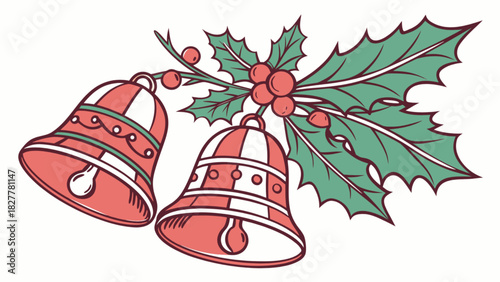 Vector illustration of festive christmas jingle bells with vibrant green holly leaves and bright red berries for holiday season greetings and winter.