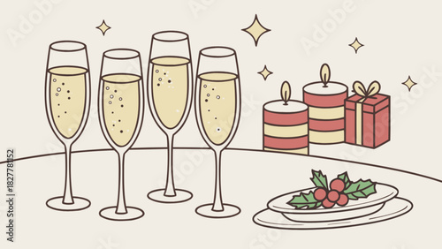 Festive illustration with four champagne flutes, glowing candles, a holiday gift, and holly. perfect for new year's toasts and celebrations!