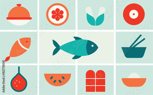 Vector illustration of 30 culinary fish seafood icons for scalable graphic design projects