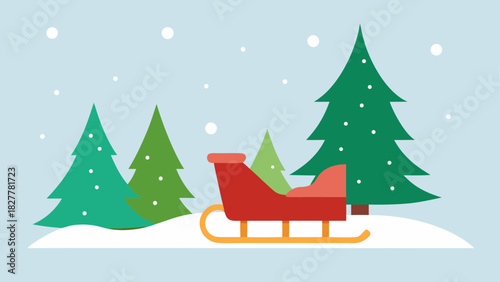 Winter scene with sleigh and christmas trees