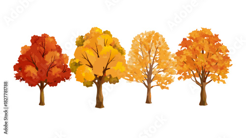 Stylized autumn trees illustration with vibrant fall foliage in warm red, orange, and yellow hues, perfect for seasonal designs and backgrounds