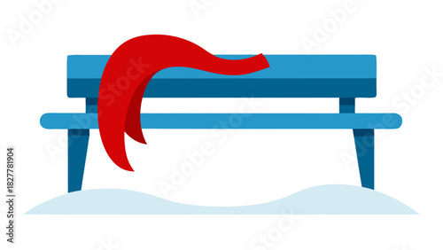 Blue bench with red scarf in the winter