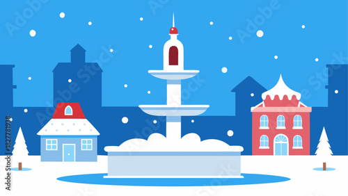 Winter scene with fountain and buildings