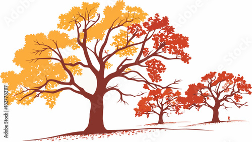 Stylized autumn trees illustration with vibrant orange and red foliage, depicting the fall season in a serene natural landscape setting, minimal design.