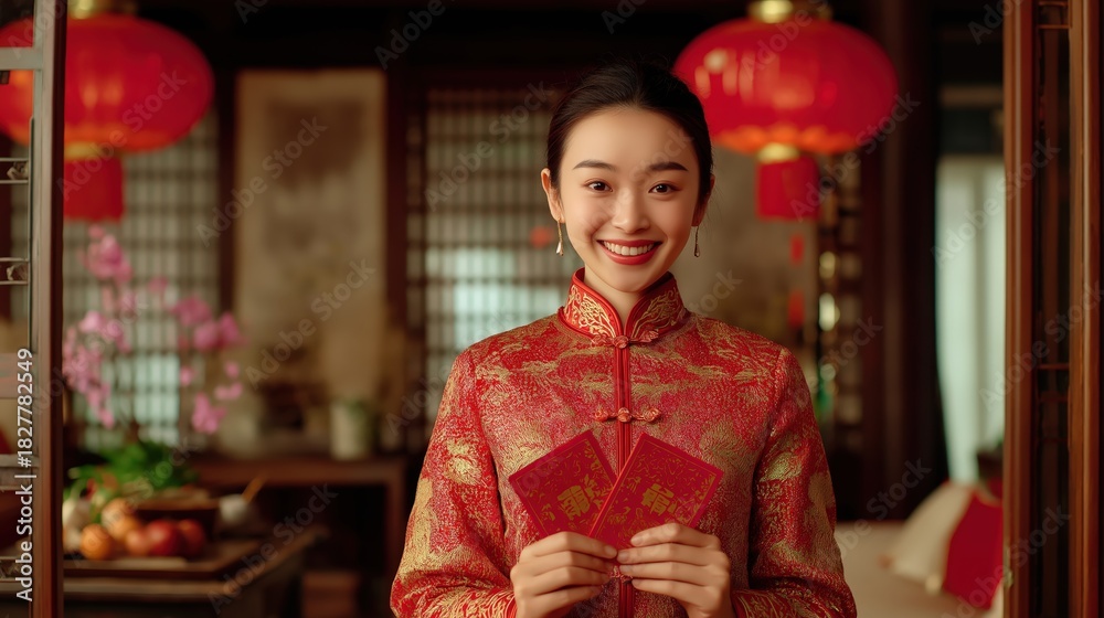 Fototapeta premium A young woman in traditional attire smiles with festive decorations, embodying cultural celebration and joy.
