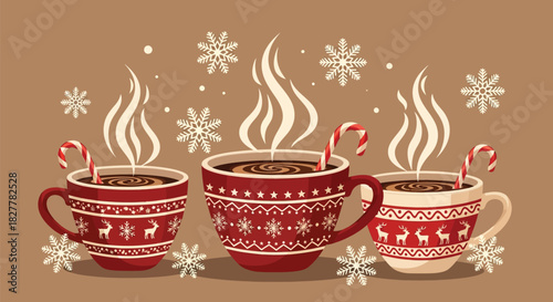 Enjoy festive holiday cheer with steaming hot cocoa and candy canes, perfect for Christmas greetings and cozy winter vibes, ideal for holiday marketing