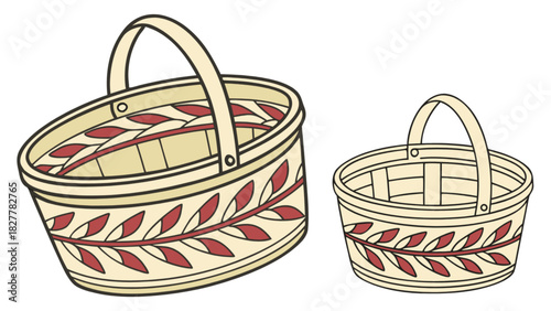 Decorative oval and round woven picnic baskets with handles and red leaf patterns, empty containers perfect for storage, shopping, or gift packaging.
