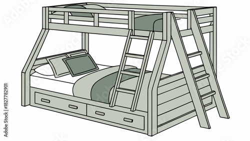 Illustration of a spacious twin over full bunk bed, featuring a robust wooden frame, accessible integrated ladder, and practical storage drawers below.