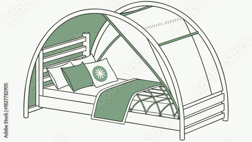 Contemporary arched bed design with a wooden frame, soft green and white bedding, decorative pillows, and an integrated canopy for a stylish interior