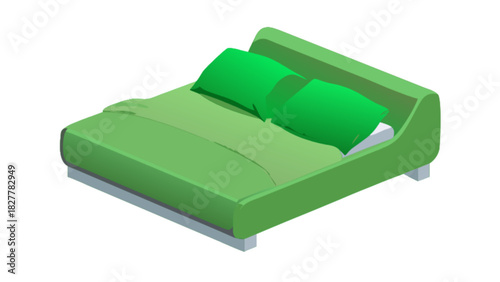 Isometric modern minimalist green bed with headboard, two pillows, and duvet. cozy furniture for bedroom, rest, sleep, home comfort, and relaxation. vector illustration on a white background.
