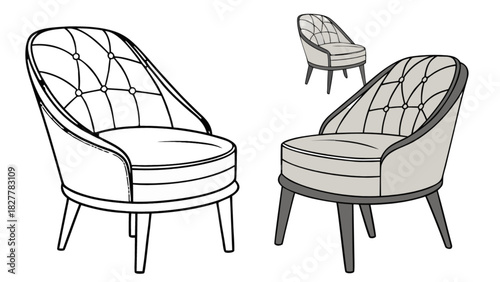 Modern upholstered accent armchair, a detailed line art illustration and a flat colored version, featuring button tufting, perfect for interior design projects.