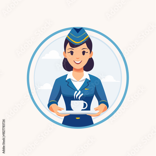 Cartoon stewardess in uniform holds a tray with a cup of hot beverage, inside a circular frame.