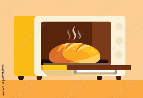 A stylized illustration depicting a loaf of bread baking in a retro-style oven, with steam rising