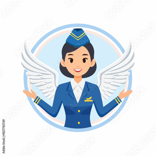 Cartoon illustration of a smiling female flight attendant with wings, wearing a blue uniform and hat.
