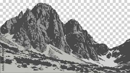 Majestic mountain range vector illustration with jagged peaks and rocky slopes, featuring patches of snow, a rugged, dramatic natural landscape