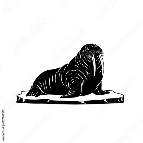 Unique Silhouette of a Walrus Basking on an Ice Floe, Balanced on Tusks