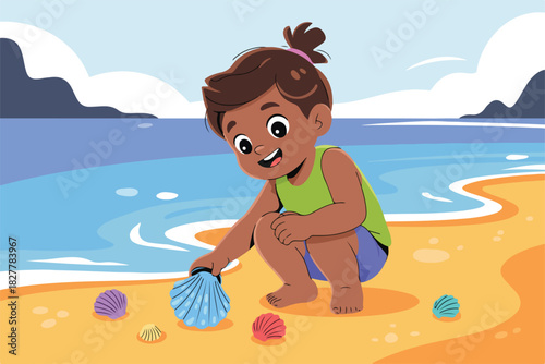 A child on a beach smiles while inspecting a large shell. Other shells scattered on sand and sea in the background