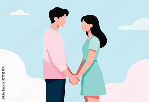 A couple, holding hands, faces each other in a flat illustration with a pastel blue sky and soft clouds