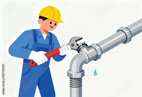 A cartoon plumber in overalls and yellow hard hat uses a wrench on a leaking pipe, a single drop visible