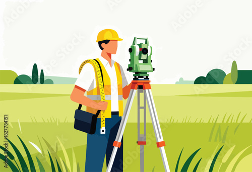 A surveyor in a field, equipped with surveying equipment, yellow vest, helmet, looking at a theodolite