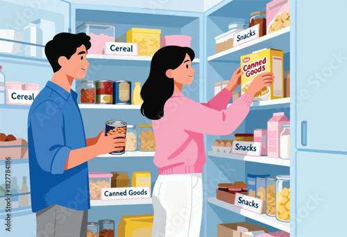 A couple is in their pantry choosing groceries, including canned goods, cereal, and snacks