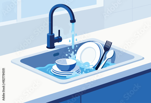 A stylized illustration depicts a kitchen sink filled with water washing dishes with a faucet overhead