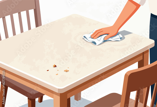Illustration depicts hand wiping a table with a cloth. Crumbs litter the surface, with two chairs around