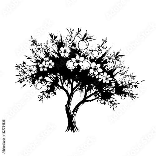 Expressive Brushstroke Silhouette of a Dynamic Peach Tree in Full Bloom