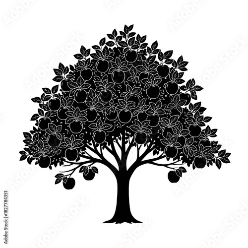 Elegant Black Silhouette of a Mature Apple Tree with Abundant Fruit