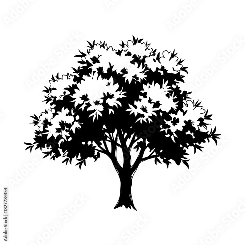 Expressive Brushstroke Silhouette of a Dynamic Peach Tree in Full Bloom