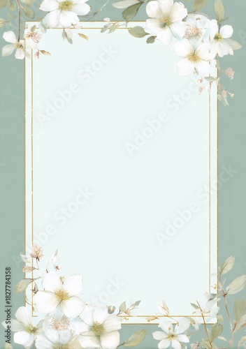 Blank elegant gold rectangle frame with white floral decoration. Minimalist template for wedding invitation, greeting card or banner design.