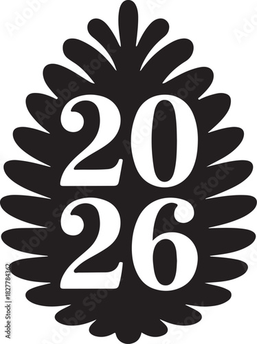 Black oval shape with white numbers 2026 year date