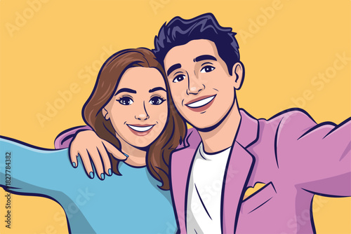 Illustration depicts a smiling couple taking a selfie with the man embracing the woman. Yellow background